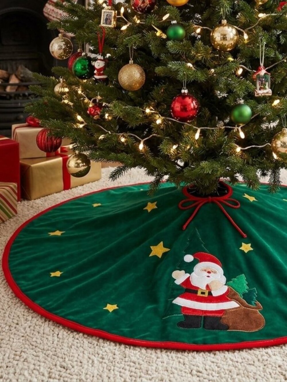 Green Velvet Christmas tree Skirt Base Cover with Santa Claus